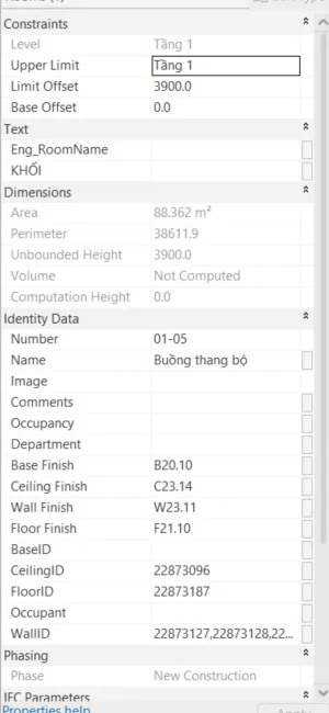 Properties of Room 01-05 Staircase with the Base Finish, Ceiling Finish, Wall Finish, Floor Finish parameters and finish element Ids