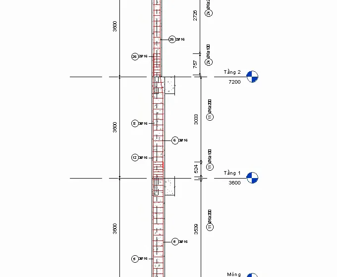 Column long section through the foundation, level 1 and level 2 with rebar tags and levels