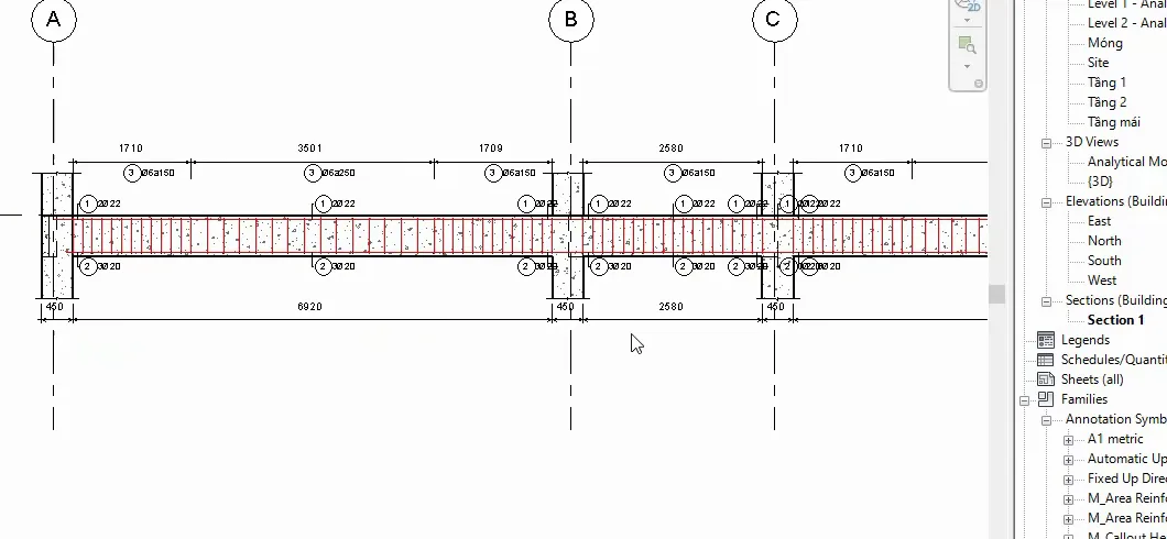 Long section of a continuous beam over grids A, B, C with rebar tags and span dimensions
