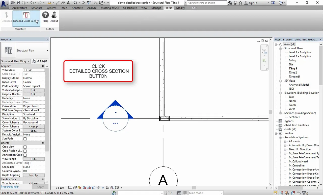 Revit window with the Detailed Cross Section button on the ToRD tab