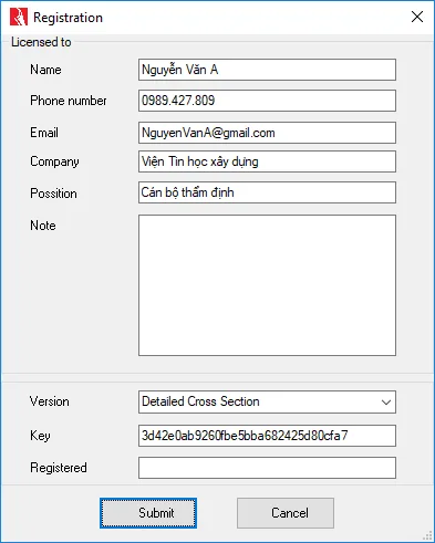 Hộp thoại Registration của các công cụ ToRD