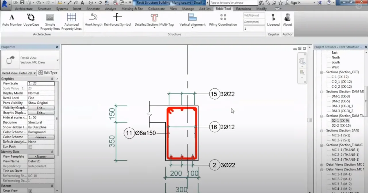Mặt cắt ngang dầm 300x350 có tag thép 3Ø22, 2Ø12, đai Ø8a150 và kích thước