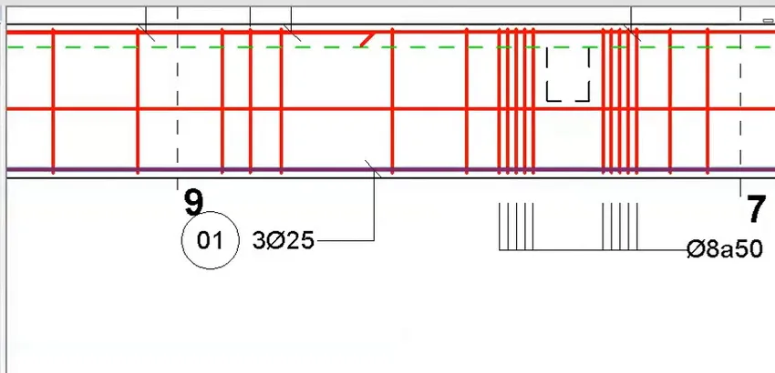 Thanh thép số 01 3Ø25 và thép đai Ø8a50 được kéo ra từ mặt cắt dọc dầm