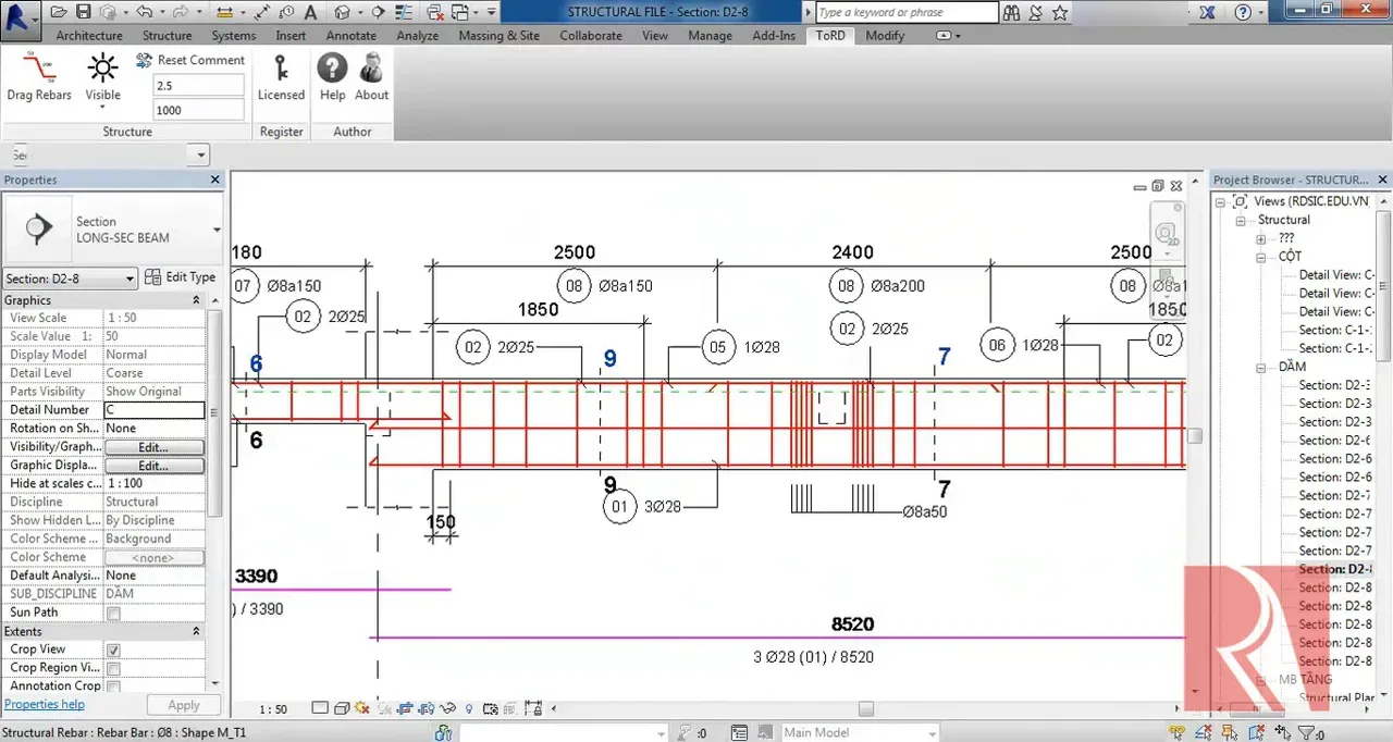 Màn hình Revit với các nút Drag Rebars trên tab ToRD và mặt cắt dầm đã triển khai thép
