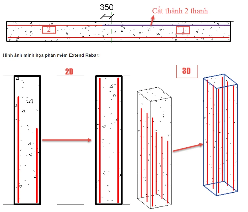 Minh họa cắt một thanh thép dọc dầm thành hai thanh và kéo dài thép cột trong 2D, 3D