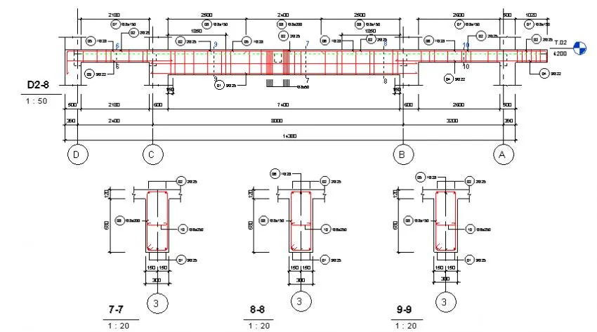 Mặt cắt dọc dầm D2-8 và ba mặt cắt ngang 7-7, 8-8, 9-9 có ghi chú thép và kích thước