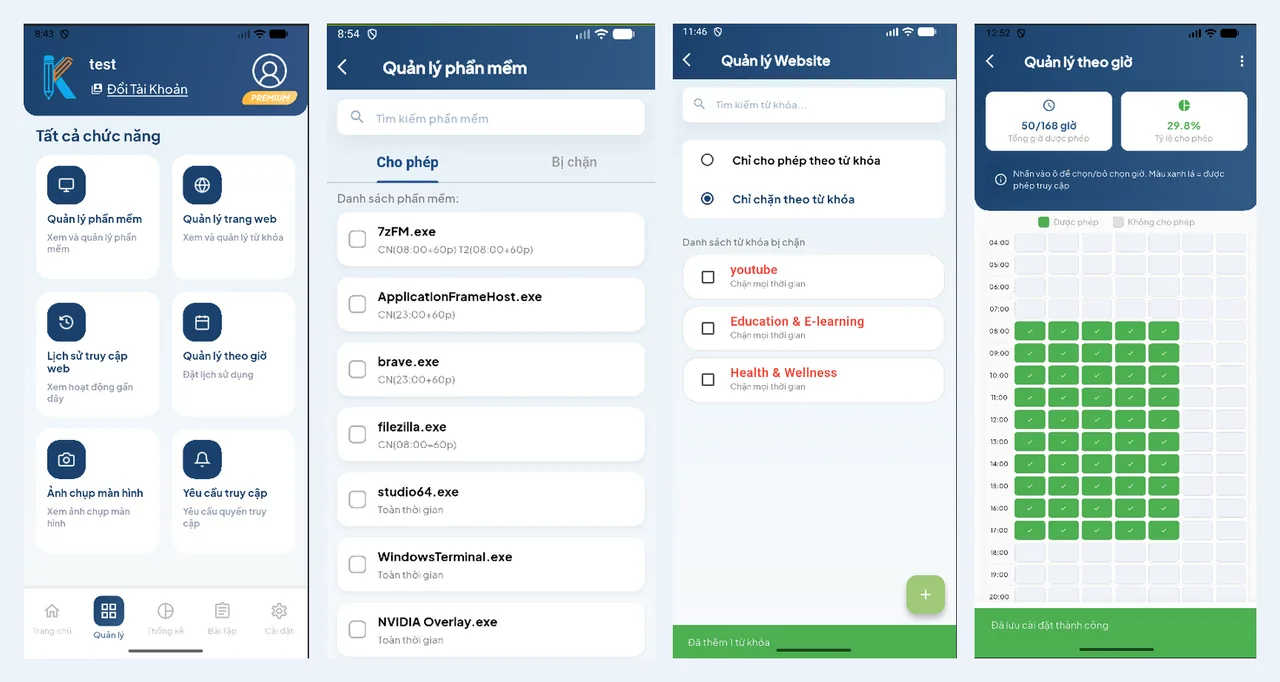 Management screens in the Kido-Parent app