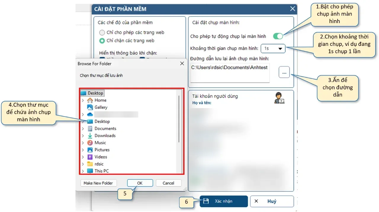 Screenshot settings: turning on automatic capture, choosing the interval and the image folder