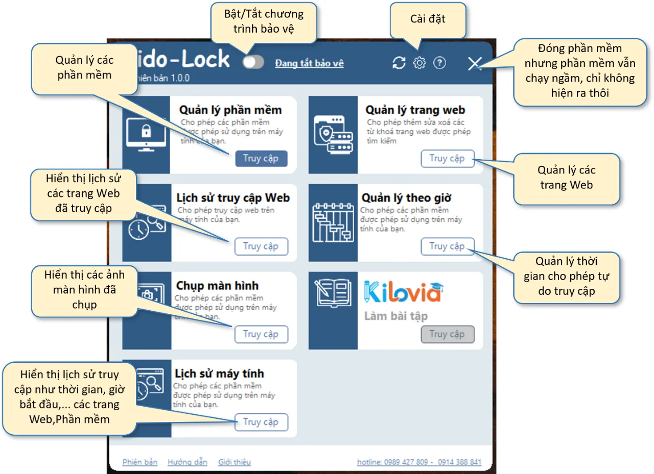 KidoLock 1.0.0 main window with the protection switch and the Software management, Website management, Web history, Time management, Screenshots and Computer history sections