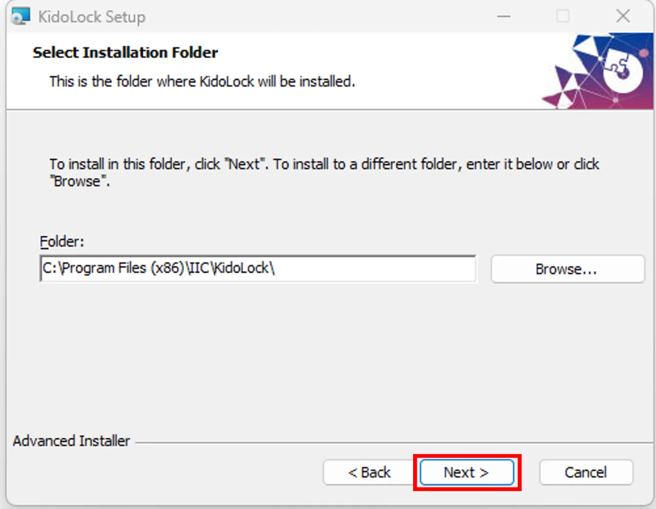 KidoLock Setup at the Select Installation Folder step with the folder C:\Program Files (x86)\IIC\KidoLock