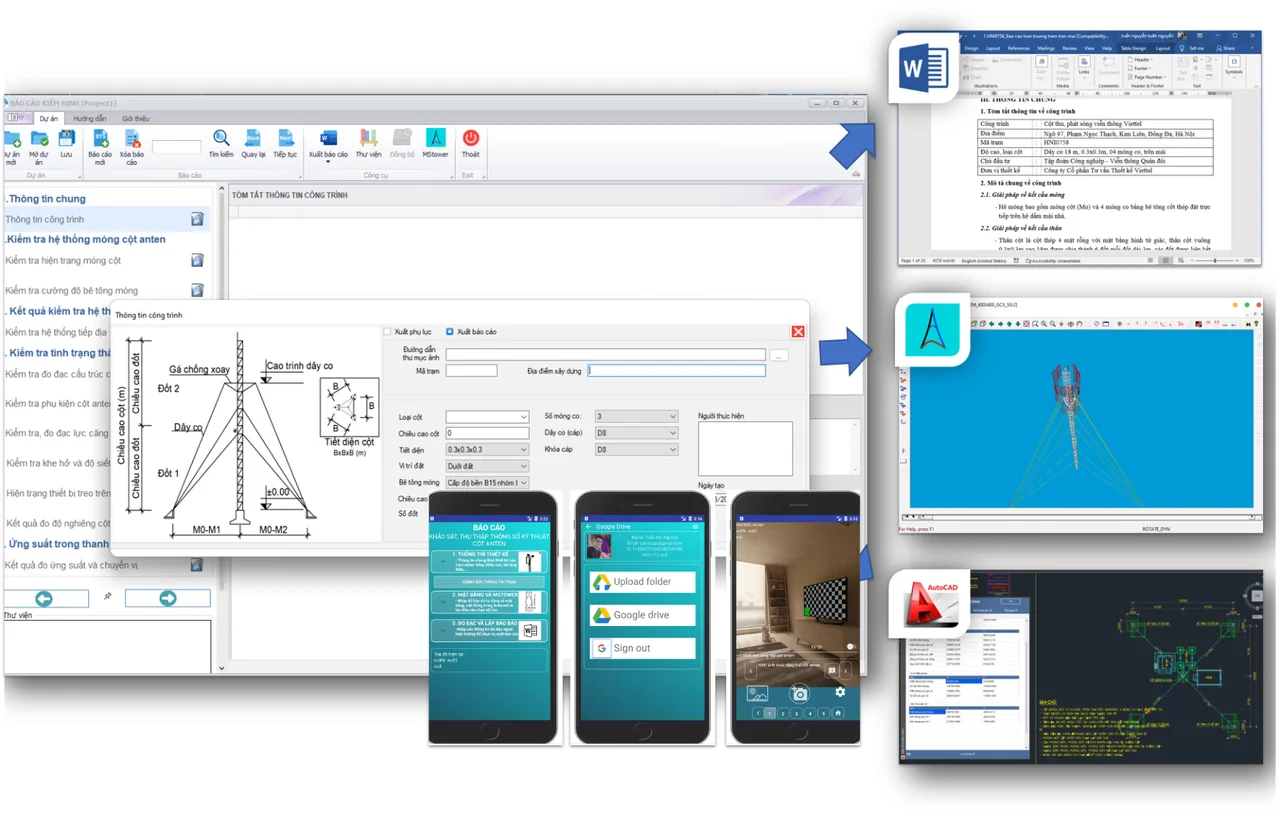 BCKĐ with the structure information form, the phone survey app, and Word, MSTower and AutoCAD outputs