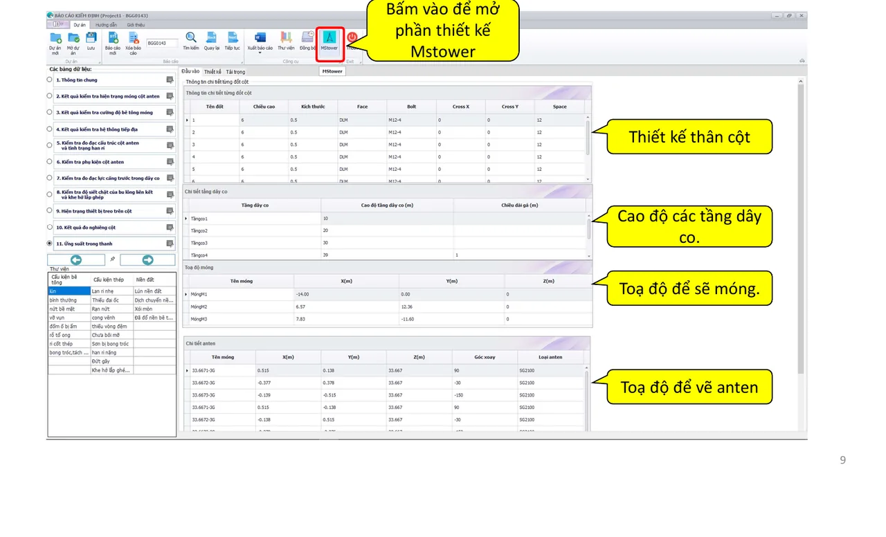 MSTower design tab in BCKĐ with the tower body table, guy levels, foundation coordinates and antenna coordinates