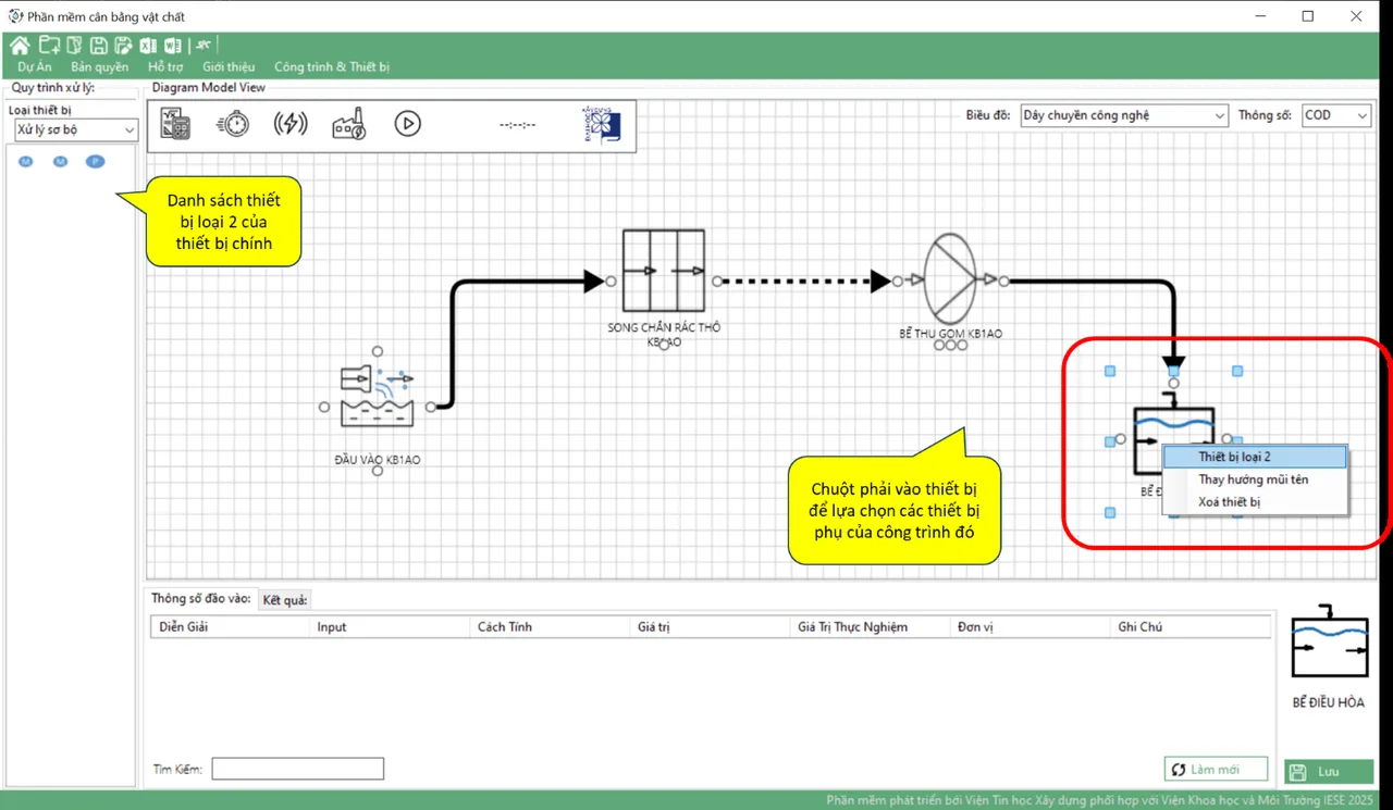 Process train diagram after the calculation, with the results table for each unit