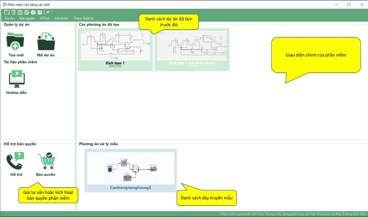 Main screen with the project list and sample process trains