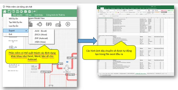 Report export menu for Excel, Word and DXF