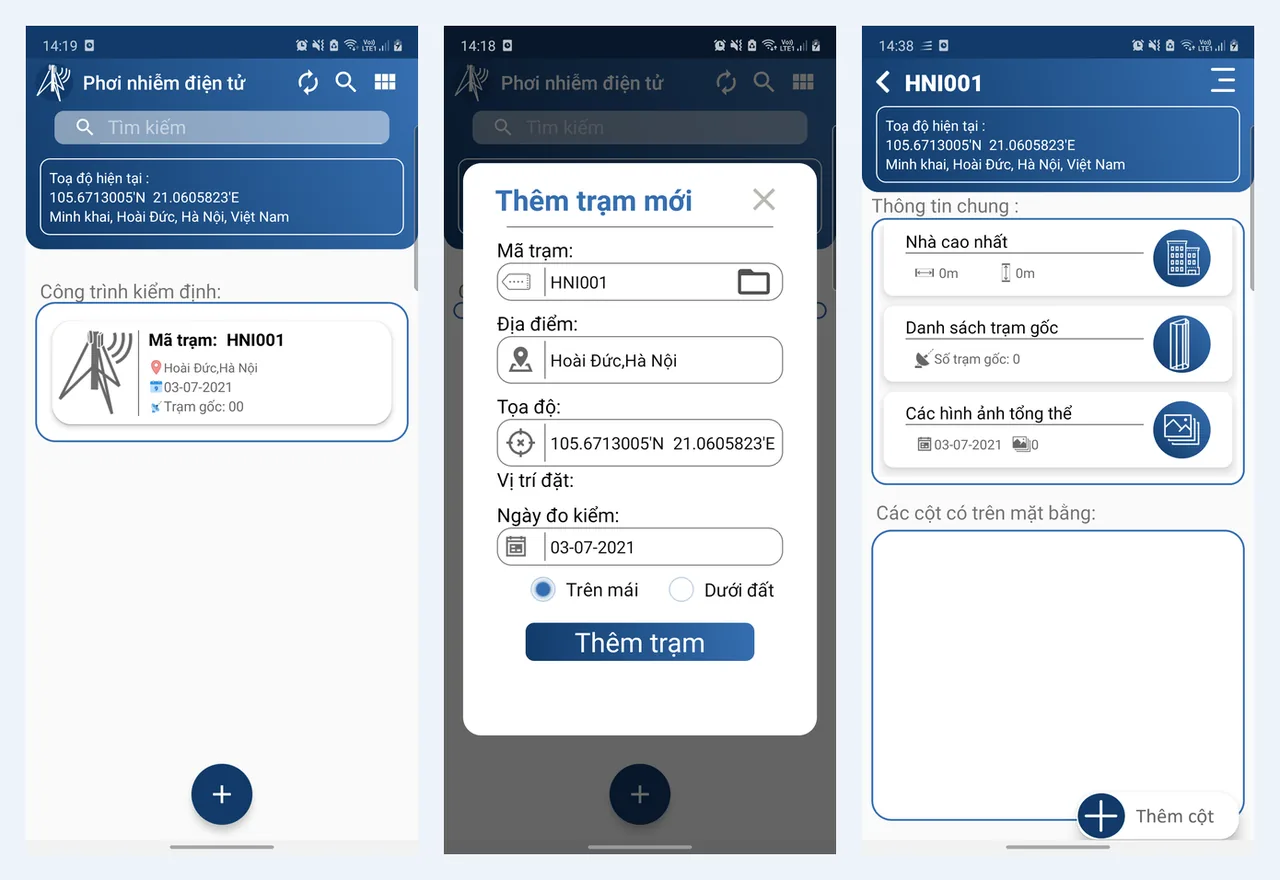 EMF exposure app: station list, adding a new station, station general information