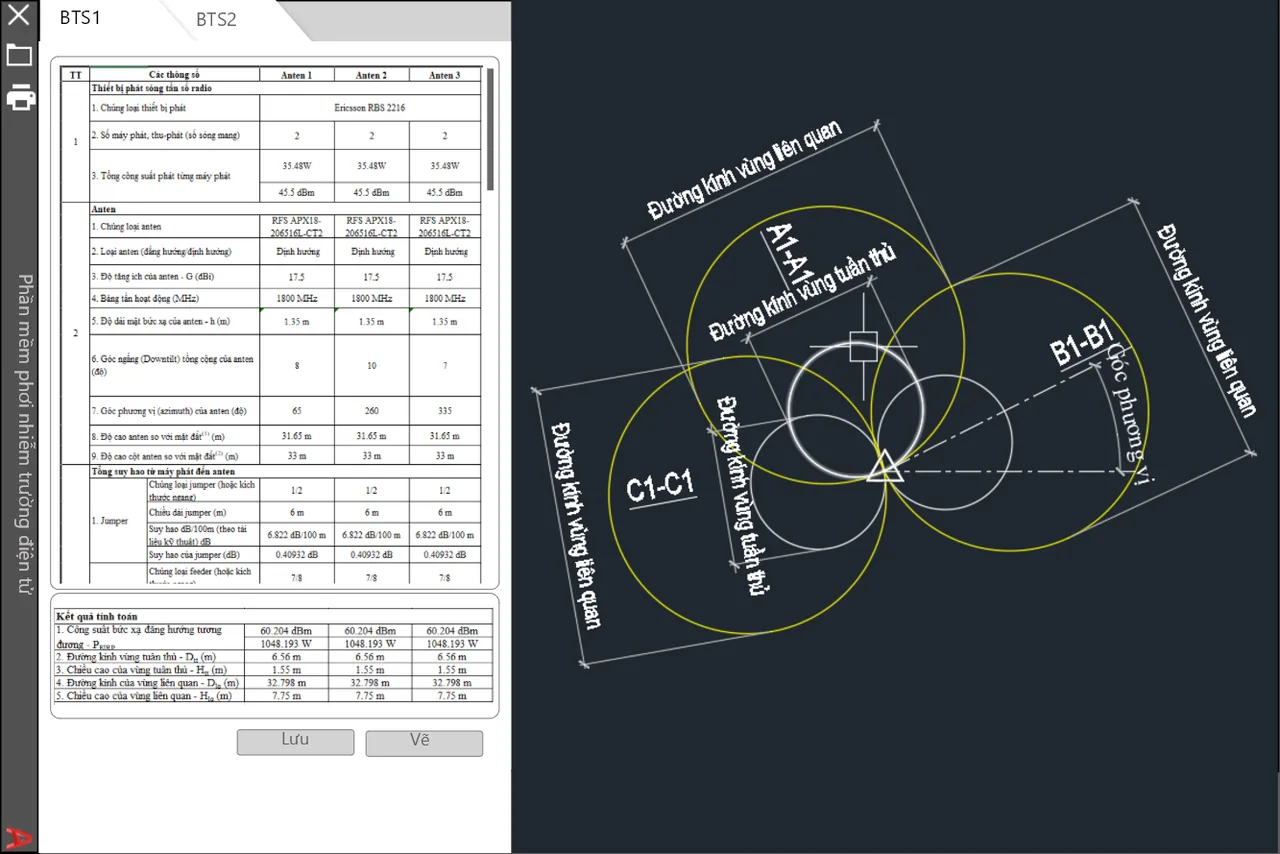 PNDT results table and antenna coverage zone drawing in AutoCAD