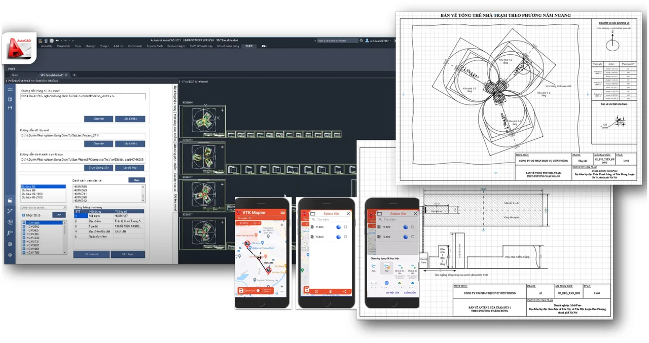 Exposure software control panel in AutoCAD, the VTK phone app and overall horizontal and vertical station drawings