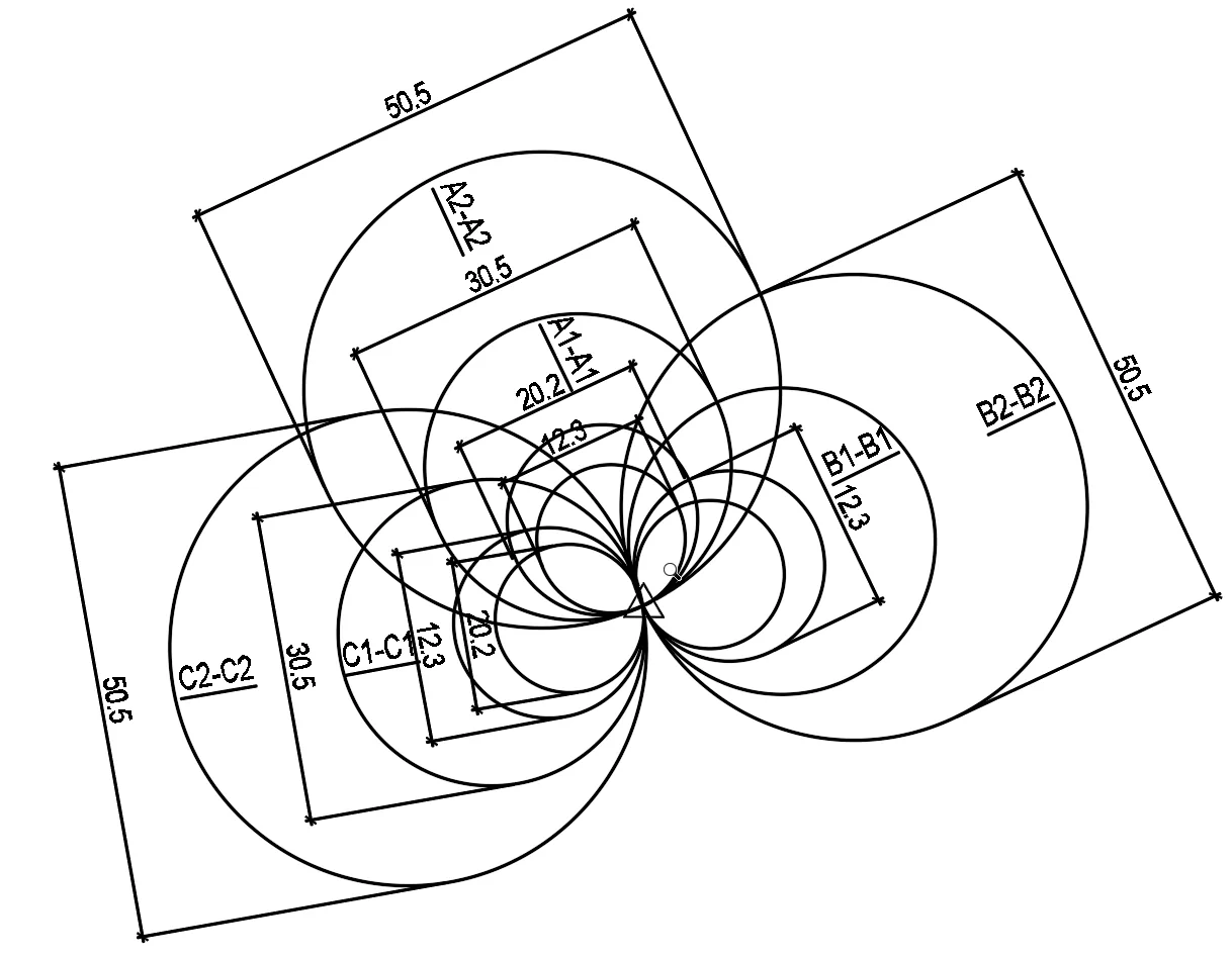 Compliance zone and relevant zone circles of several antennas on plan