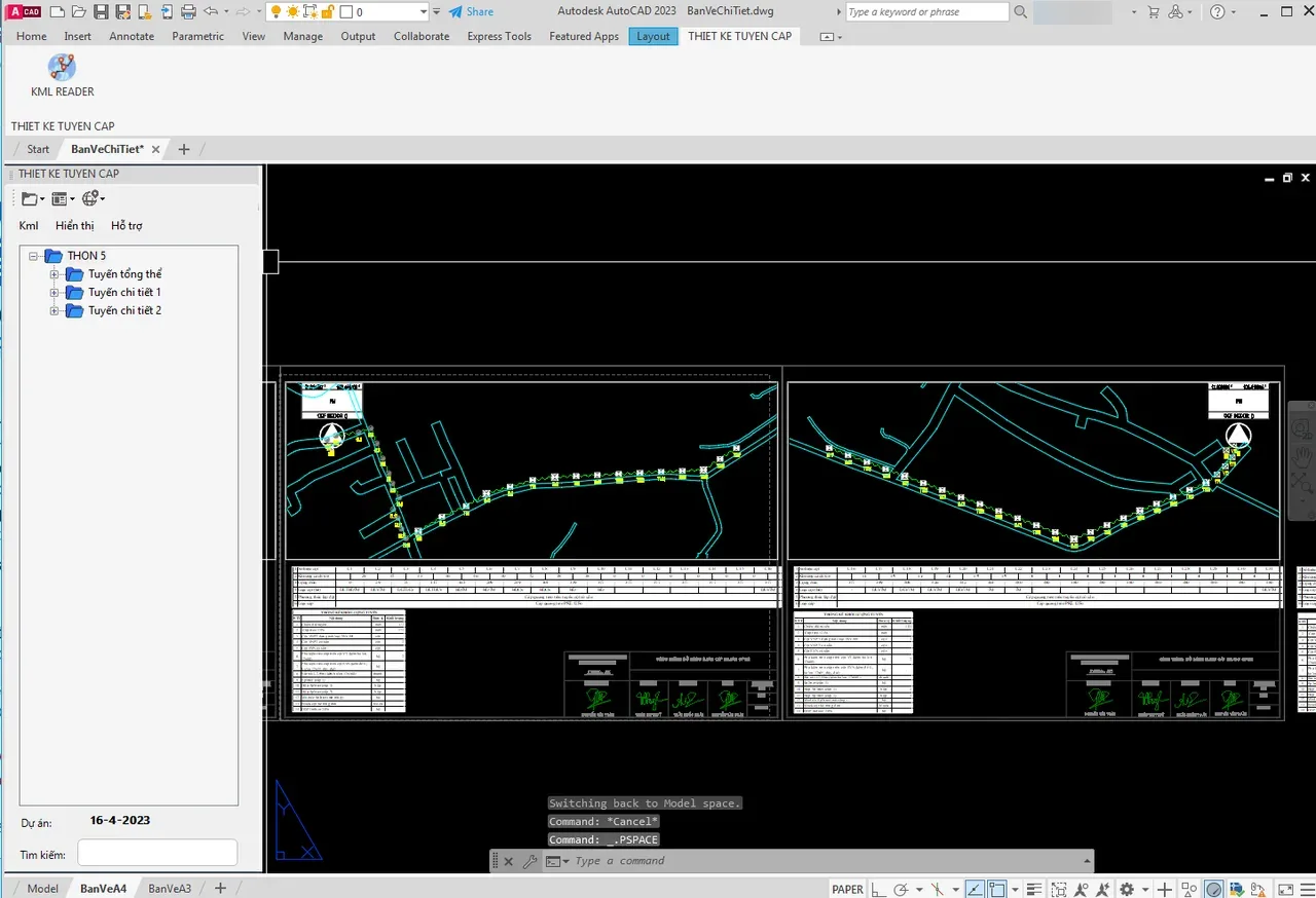 Cable route drawn in AutoCAD layout by layout, with a pole schedule under each segment