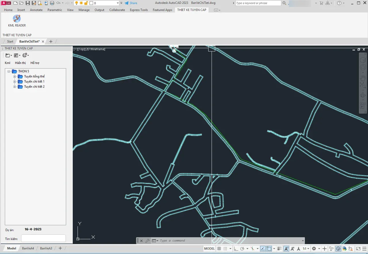 KML Reader panel in AutoCAD with the project tree, routes and cable routes drawn over the base map