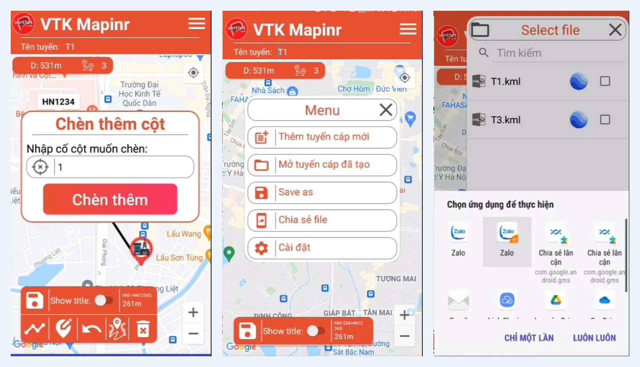 VTK Map: inserting poles, the cable route menu and sharing the KML file