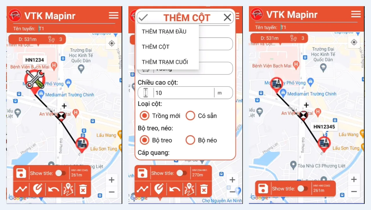 VTK Map app: the pole route on the map and the add pole dialog