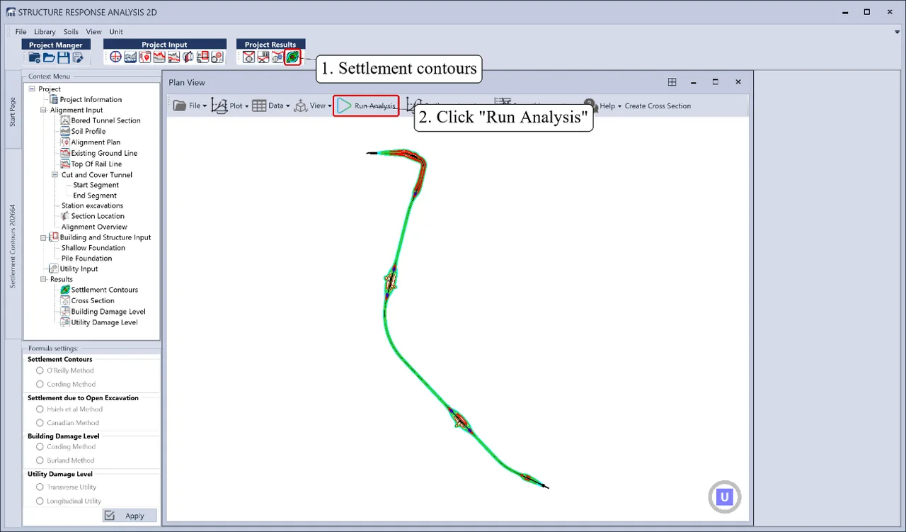 SRA 2D plan view with settlement contours along the whole tunnel route