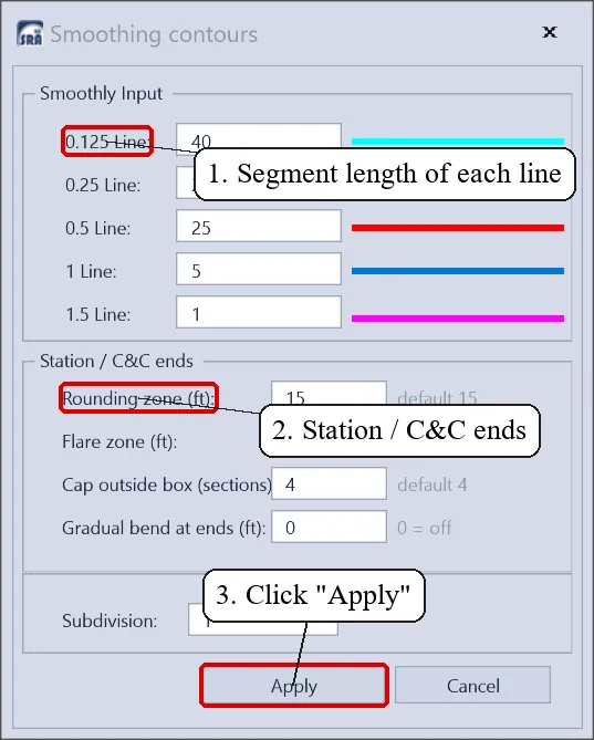 The SRA 2D Smoothing contours dialog
