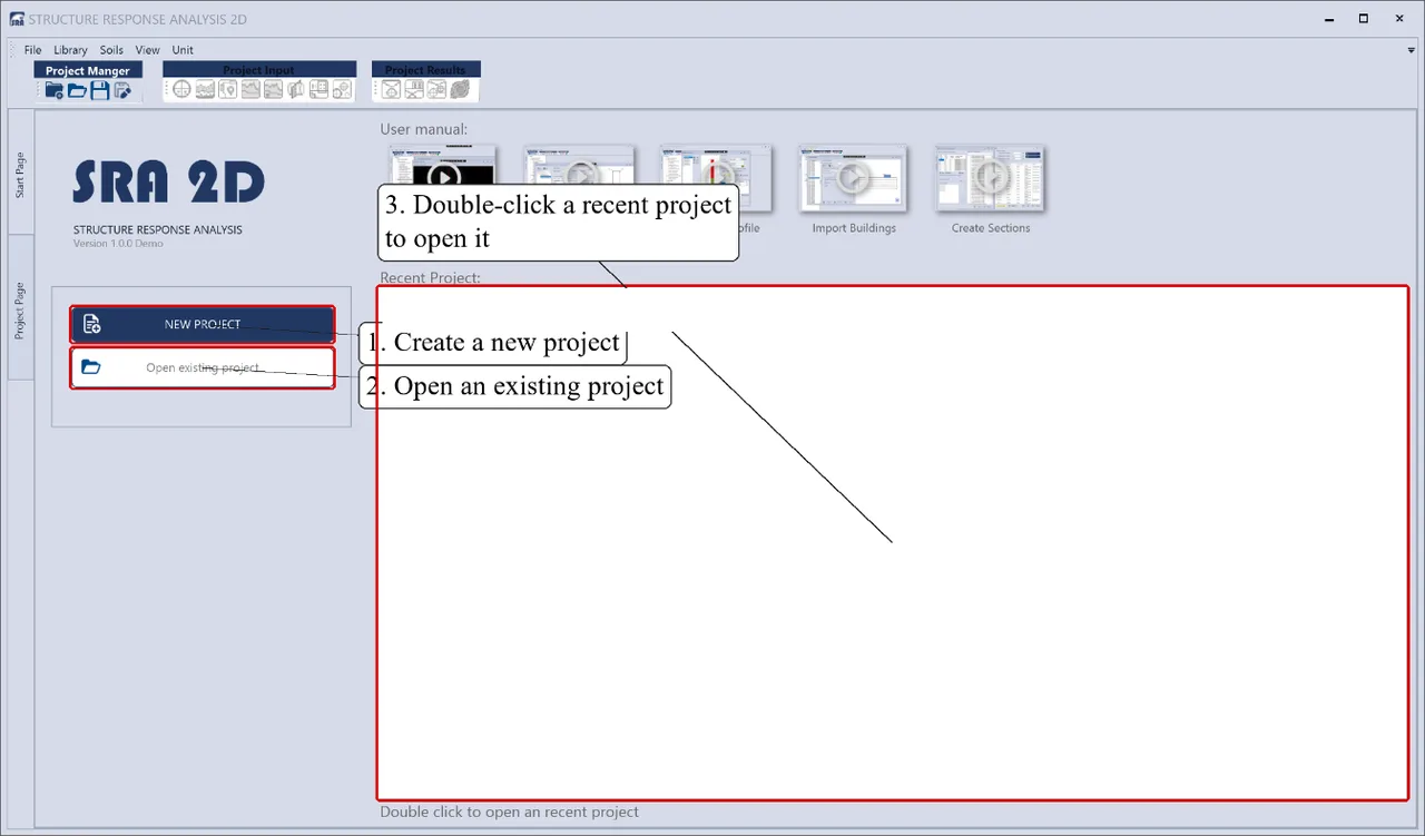 SRA 2D start page with the New Project and Open existing project buttons