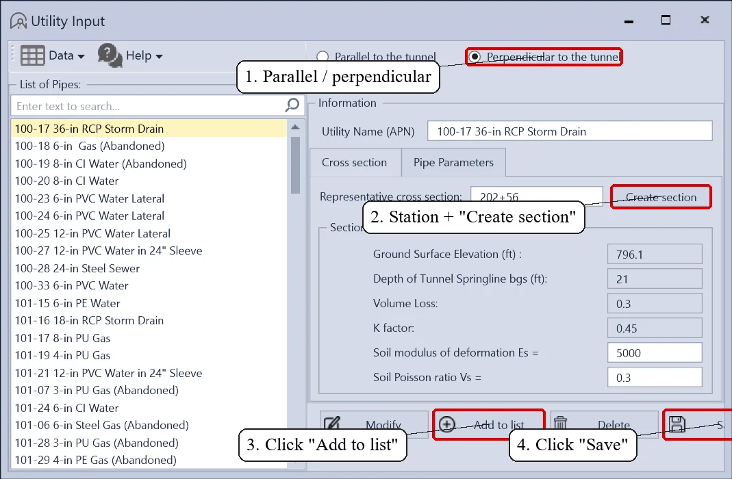 The SRA 2D Utility Input dialog for entering pipes