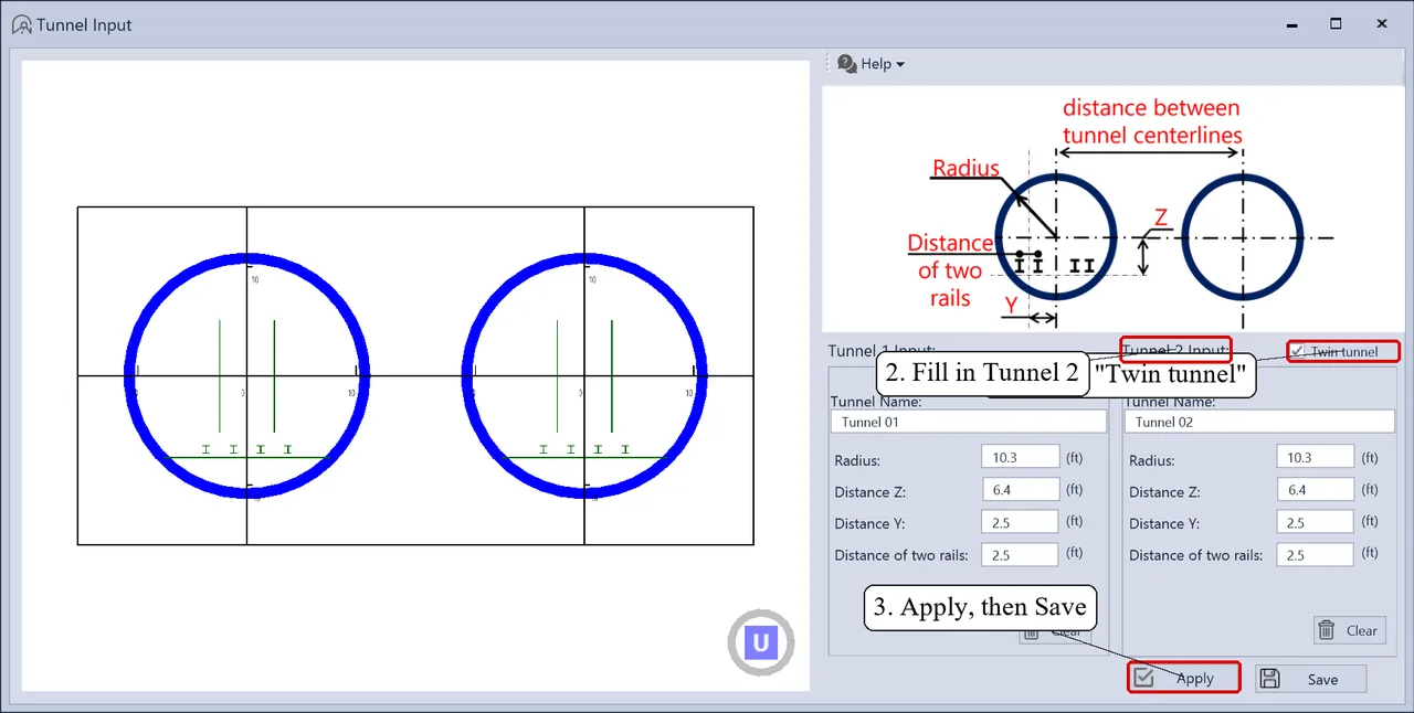 The SRA 2D Tunnel Input dialog with twin tunnels