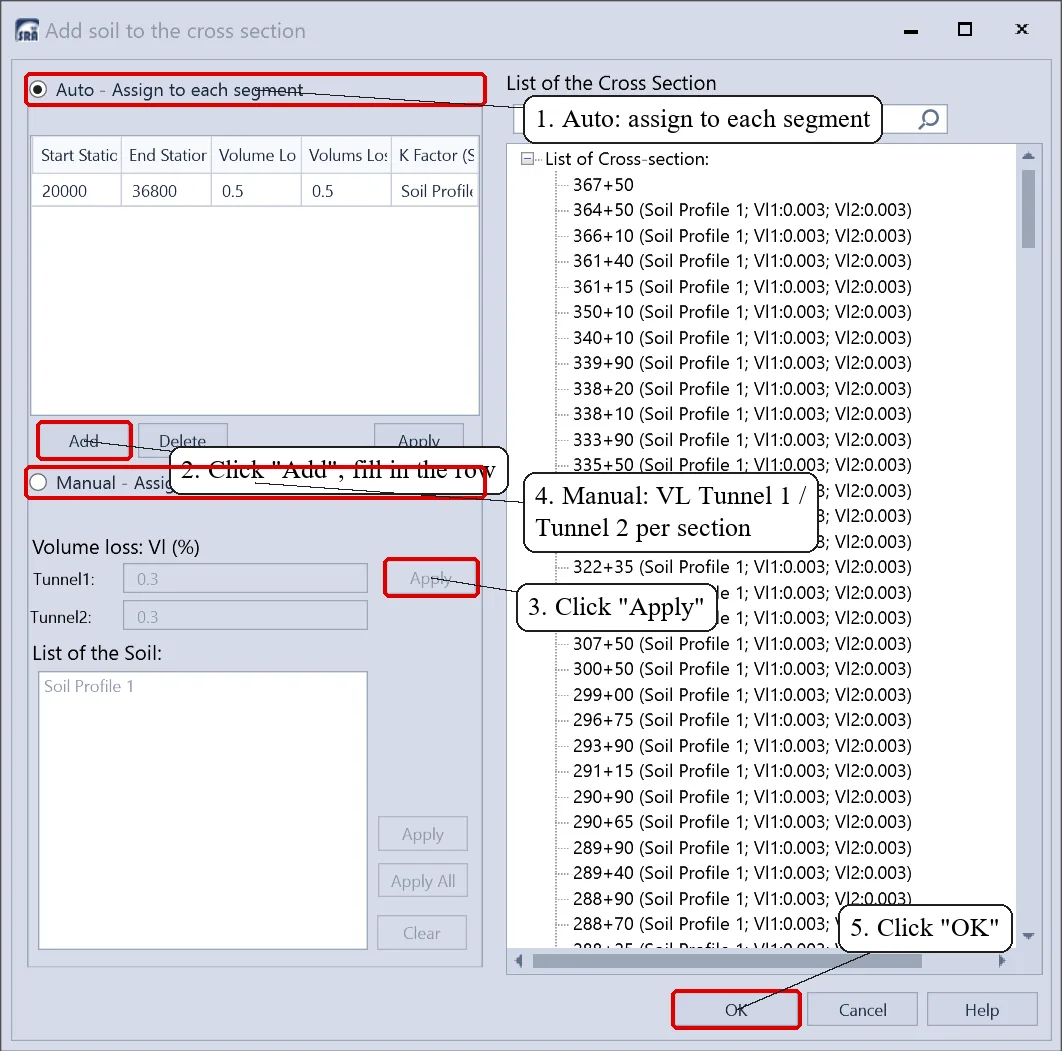 SRA 2D dialog assigning soil profile and volume loss to each route segment