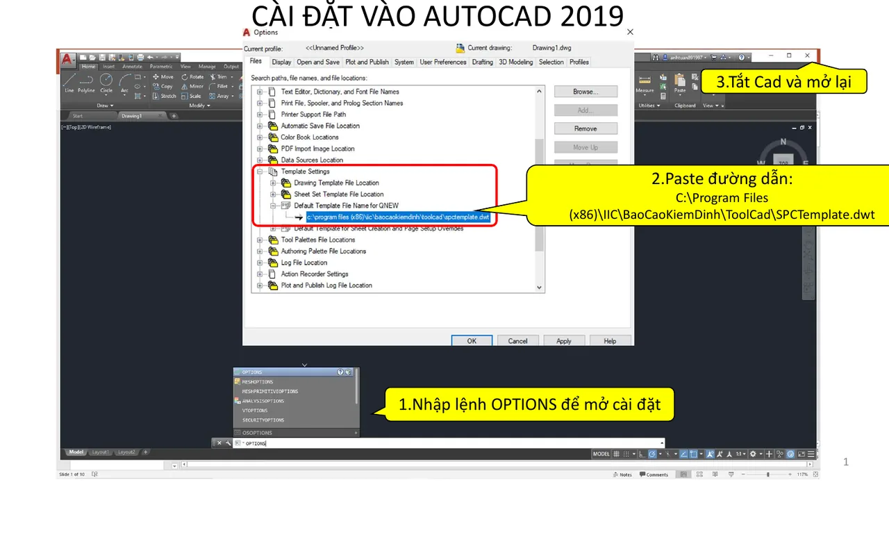 Setting the SPCTemplate.dwt template in the AutoCAD OPTIONS dialog
