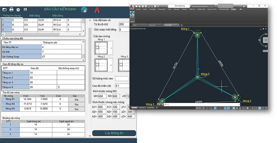The site's foundation and guy data table next to the plan of a three-anchor guyed mast drawn in AutoCAD
